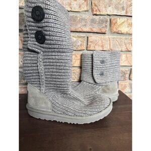 UGG Classic Cardy Womens 5 Gray Sweater Knit Pull On Boots Button Shoes‎